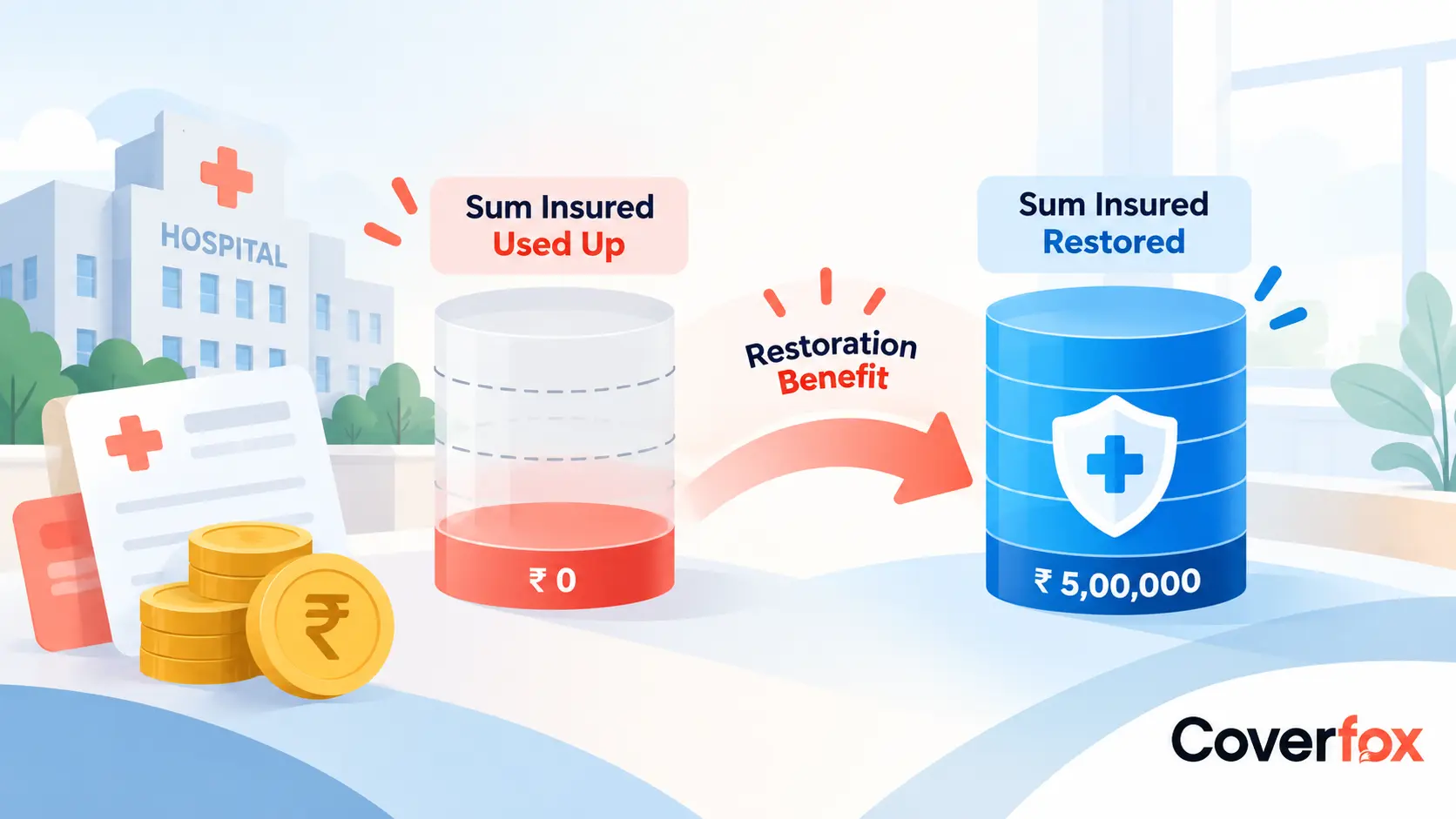 Restoration benefit in health insurance restores the sum insured after it is exhausted by a claim, providing additional coverage for subsequent eligible hospitalisation expenses during the same policy year, subject to policy terms.
